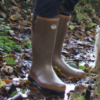 Tracker Rubber Boots with Comfort Neoprene Lining | Brown | Worn in Muddy Field