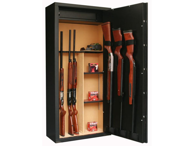 Large 14 Gun Cabinet Open showing shelves and gun storage