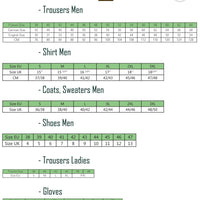 Percussion clothing size chart - hunting, shooting, outdoors, OpenSeason.ie