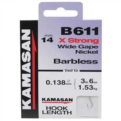 Kamasan B611 Xtra Strong Wide Gape Barbless Hooks to Nylon