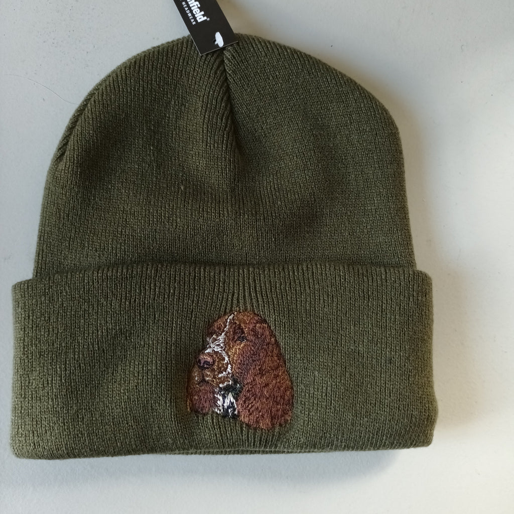 Olive Beechfield Knit Beanie with Brown & White Springer Spaniel Motif 
