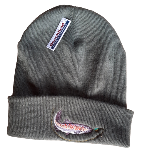 Beecfield Knit Beanie Cap with Trout & Fly Motif Olive