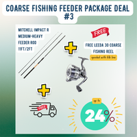 Coarse fishing feeder package deal with rod and reel on a gradient background