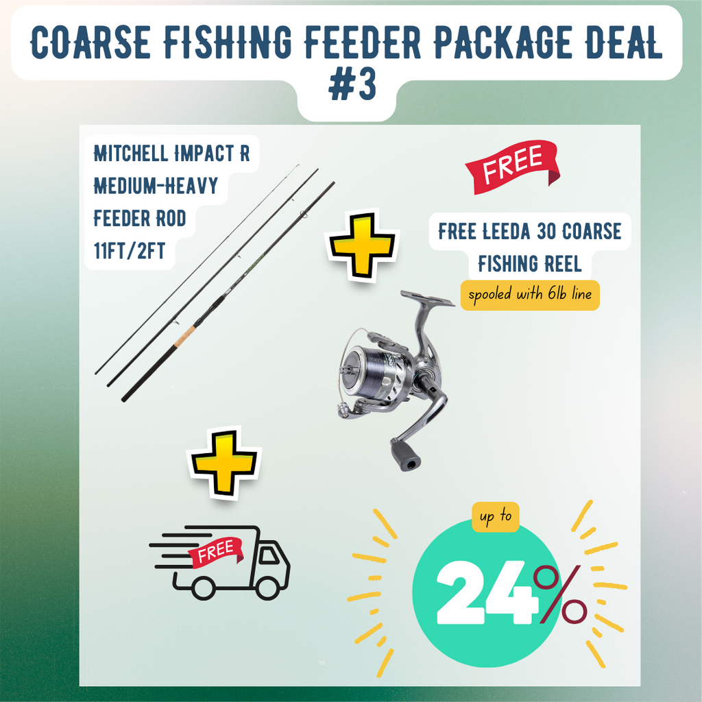 Coarse fishing feeder package deal with rod and reel on a gradient background