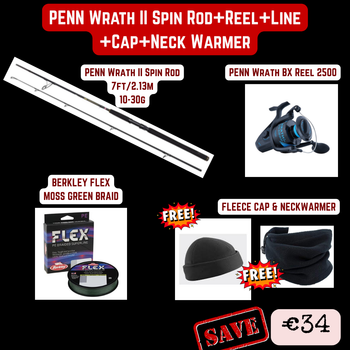 PENN Wrath II Spin Rod+Reel+Line+Cap+Neck Warmer