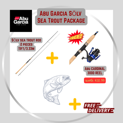 Abu Garcia Solv Sea Trout Package with rod and reel on a white background