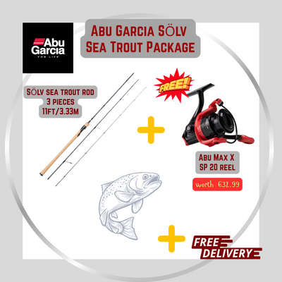 Abu Garcia Sölv Sea Trout Package with rod and Abu Max X SP 20 reel on a white background