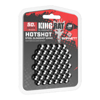 Packaging of 50 King Rat Slingshots Hotshot Steel Slingshot Ammo with visible brand logos.