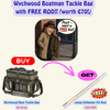 Promotional graphic for a Wychwood Boat Tackle Bag bundle offer, featuring a 55 litres tackle bag, a Leeda Stillwater Fly Rod, and a free rod offer with a cartoon fisherman illustration and text overlays.