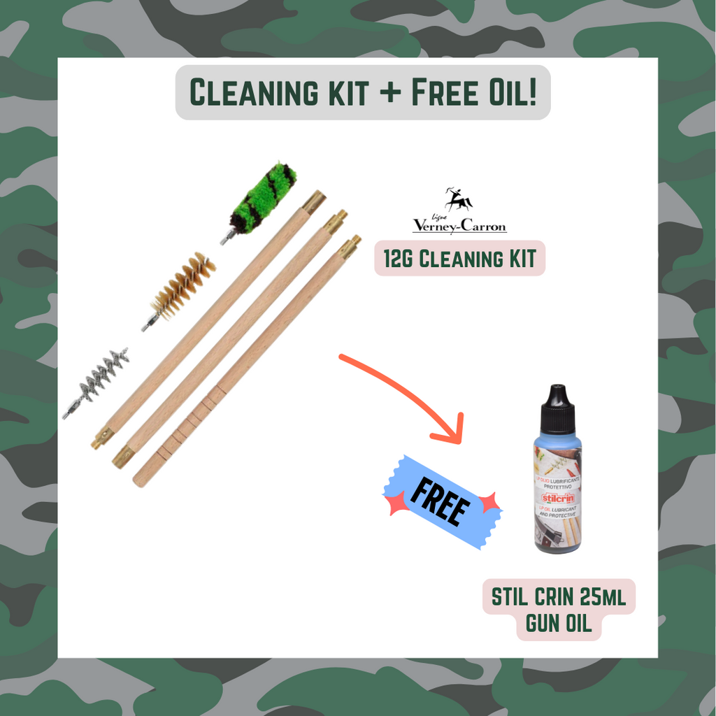 Verney-Carron 12G Cleaning Kit with cleaning sticks and a free 25ml gun oil bottle on a camouflage background.