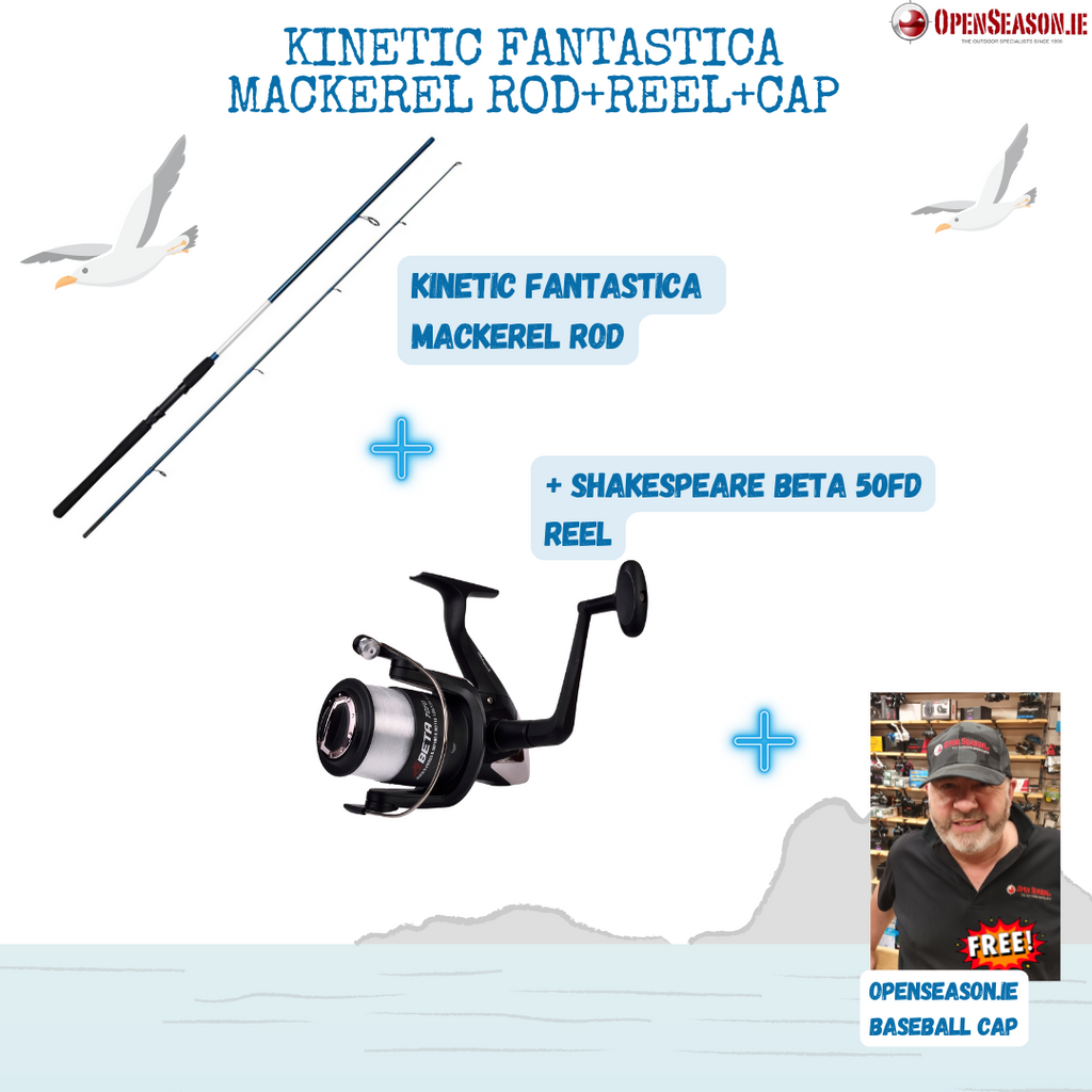 Fishing rod, reel, and cap set with branding and promotional text on a white background.