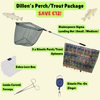 Dillon's Perch/TROUT Package bundle on a light beige background, featuring a Shakespeare Sigma landing net, three kinetic spinners, a Zebco lure box, curved forceps, and a kinetic pin-on zinger, with text labels and fish illustrations.