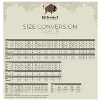 Size conversion table for Gateway 1 products on a beige background