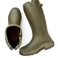 Pair of Olive Green Gateway Pro Shooter Neoprene-Lined Rubber Wellington Side View Showing Zip and top view
