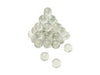 Clear glass slingshot ammo balls arranged in a pyramid shape on a white background