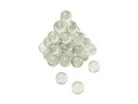 Clear glass slingshot ammo balls arranged in a pyramid shape on a white background