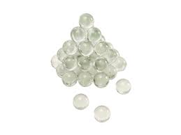 Clear glass slingshot ammo balls arranged in a pyramid shape on a white background