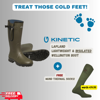 Kinetic Lapland Wellington boot and thermal socks with promotional text on a gray background