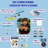 Kids' summer spinning starter kit with fishing rod, tackle box, and various fishing equipment on a blue background.