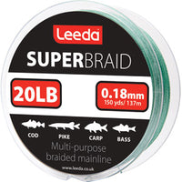 Leeda SuperBraid green fishing braid 20lb/ spool with specifications on a white background
