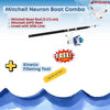 Promotional graphic for the Mitchell Neuron Boat Combo, featuring a black and silver fishing rod with a blue and white reel, plus a yellow plus sign, text for a free kinetic filleting tool, and a bird on a white background with blue water at the bottom.