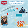 Penn surfcasting combo special offer with rod and reel on a blue water background
