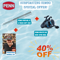 Penn surfcasting combo special offer with rod and reel on a blue water background