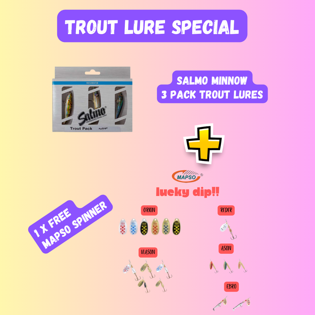 Promotional graphic for Salmo Minnow trout lures with a free map spinner offer on a gradient background.