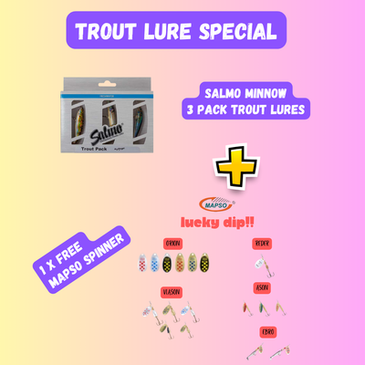Promotional graphic for Salmo Minnow trout lures with a free map spinner offer on a gradient background.