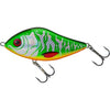Fishing lure with a green body and red eyes on a white background