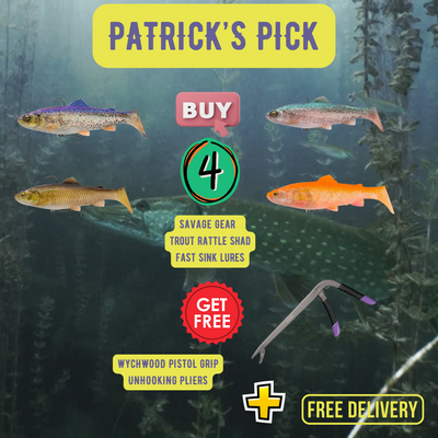 Promotional graphic with fishing lures and accessories on a underwater background