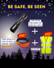 Promotional graphic for a Coast LED torch with free safety armband and vest on a night sky background.