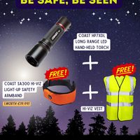 Promotional graphic for a Coast LED torch with free safety armband and vest on a night sky background.
