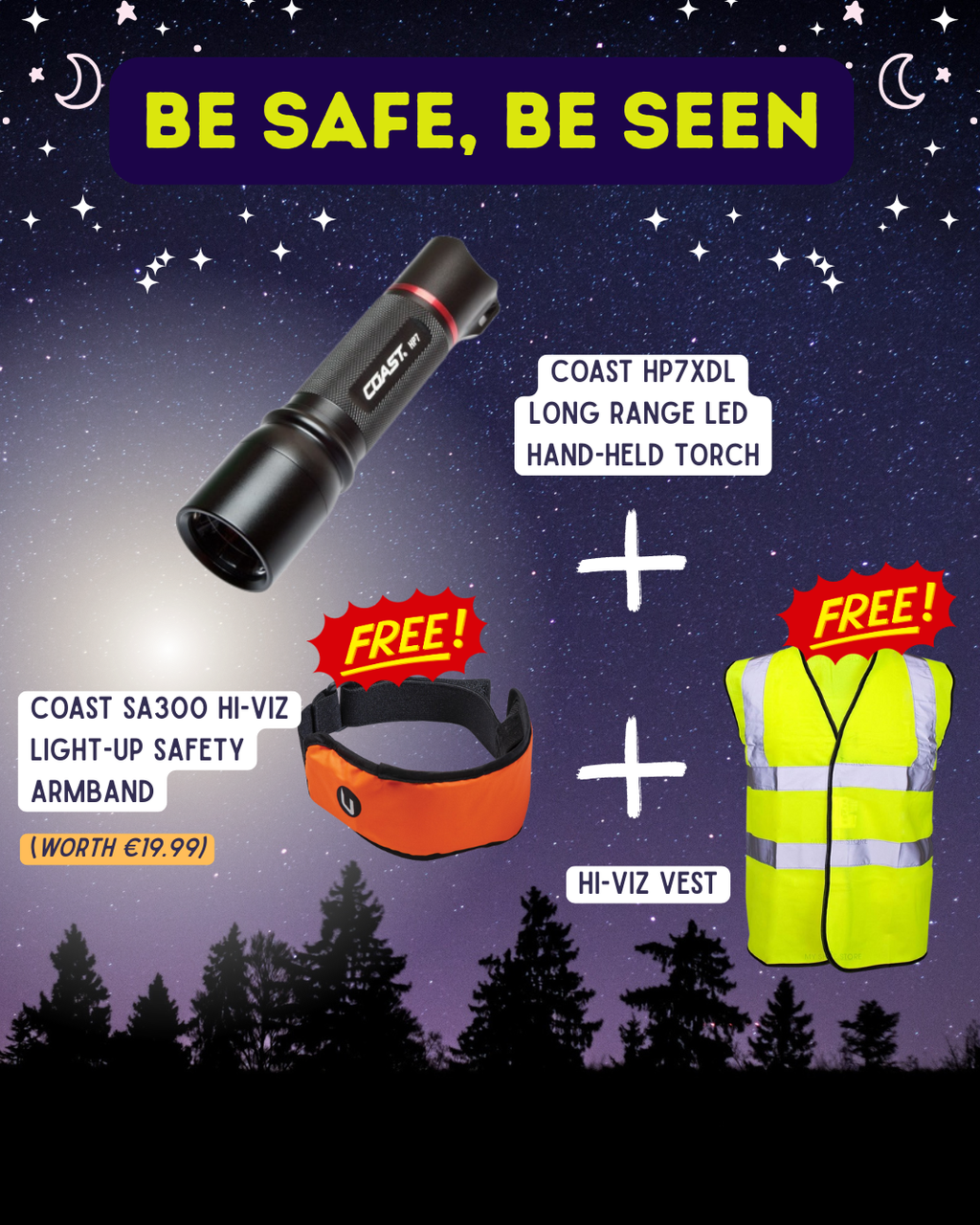 Promotional graphic for a Coast LED torch with free safety armband and vest on a night sky background.