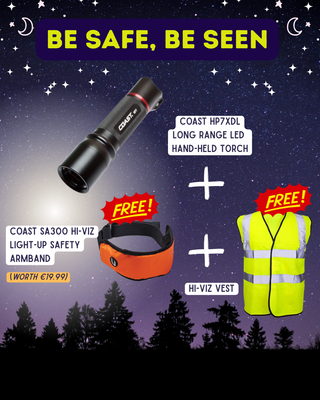 Promotional graphic for a Coast LED torch with free safety armband and vest on a night sky background.