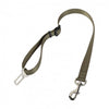 Green car seat belt for dog with metal clip on a white background