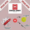 Promotional graphic of a Swiss Army Victorinox climber multi-tool with additional items on a pink background.