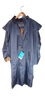 Target Dry Stockman Full-Length Navy Raincoat with a plaid lining on a hanger against a white background