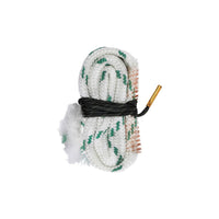 Bore cleaning rod with white rope and brass end on a white background