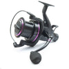 Fishing reel with black and purple accents on a white background
