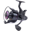 Black fishing reel with pink accents on a white background