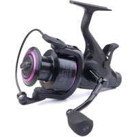 Black fishing reel with pink accents on a white background