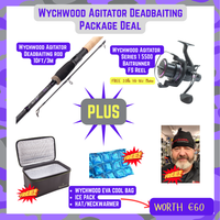 Wychwood Agitator deadbaiting package deal with rod, reel, cooler, ice pack, and hat/neckwarmer on a colorful background.