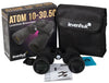 Levenhuk Atom 10-30.50 binoculars with packaging, case, and accessories on a white background