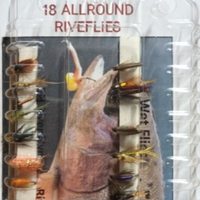 Packaged fly fishing lures with 'Open Season' branding on a clear background