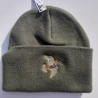 Beechfield Hunting Beanie Cap with Embroidered Woodcock Motif Olive