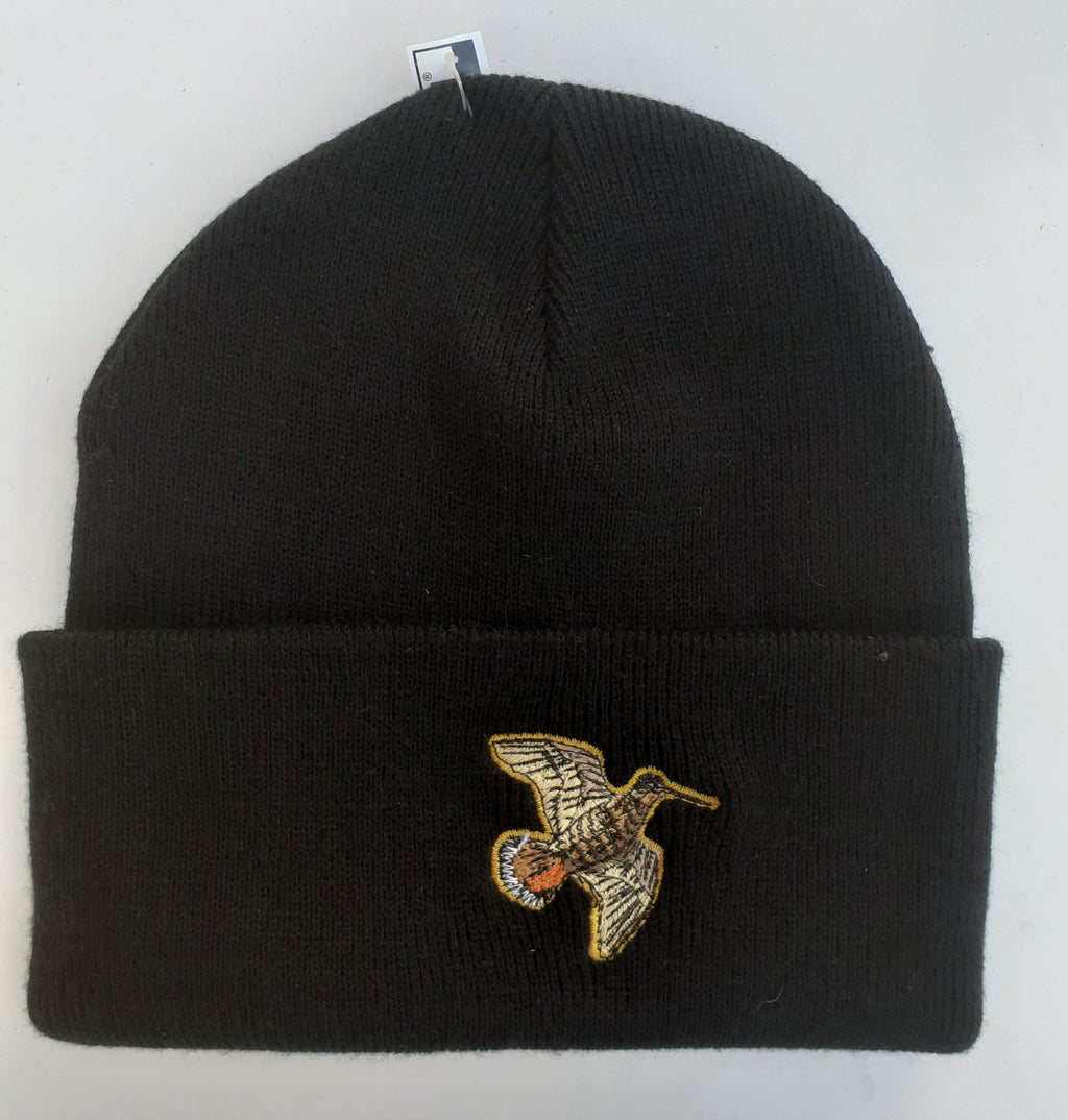 Beechfield Hunting Beanie Cap with Embroidered Woodcock Motif Black